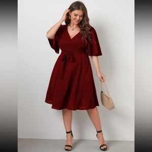 Plus Butterfly Sleeve Self Tie Dress
